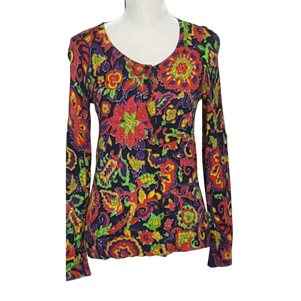 Talbots Cardigan Sweater Small Floral Black Red Long Sleeve Cotton Blend Button